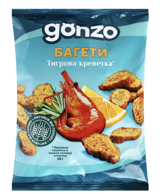 Сухарики Gonzo пшен.50г зі смак тигрової креветки